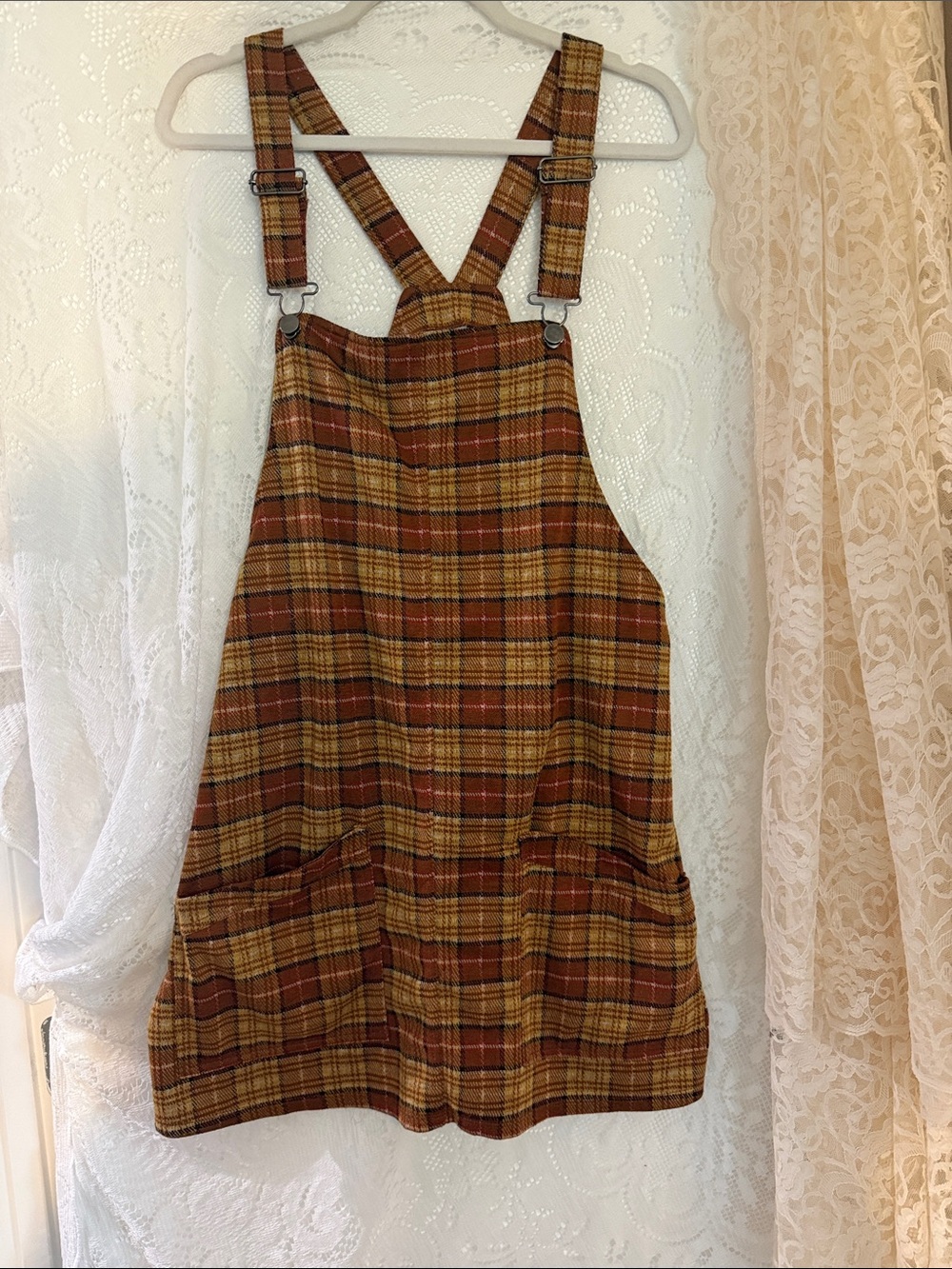 No Boundaries Plaid Mini Pinafore Dress in Brown and Mustard